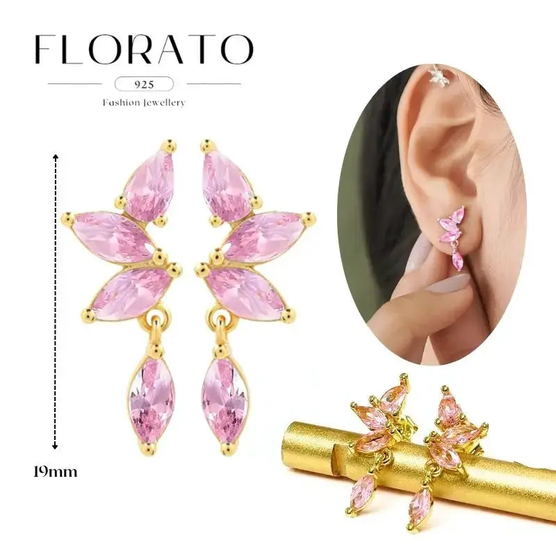 Pink zircon leaf drop earrings, 19mm, gold-tone metal, Simples Market