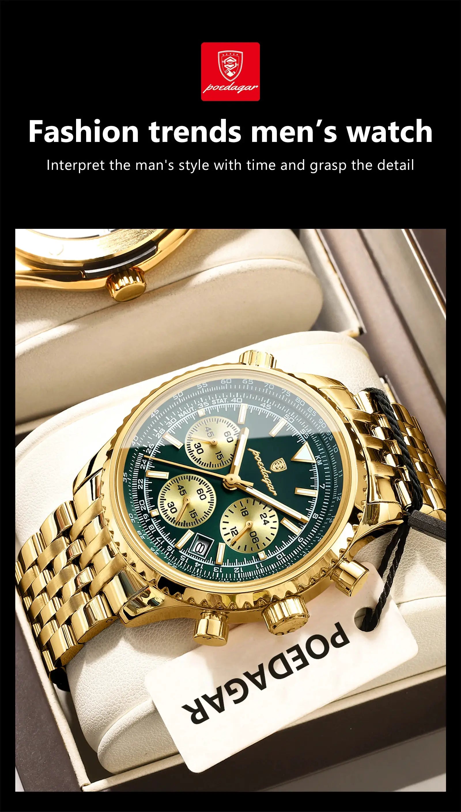 POEDAGAR men's gold-tone stainless steel chronograph watch with green dial
