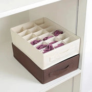 Simples Market two-tier fabric storage box organizer with dividers for lingerie and socks, white top tray on brown base