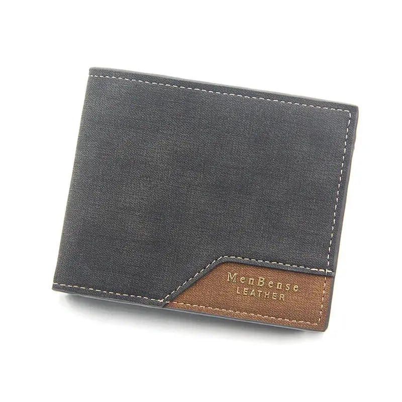 Men's slim frosted black leather wallet with brown accent panel and MenBense Leather logo
