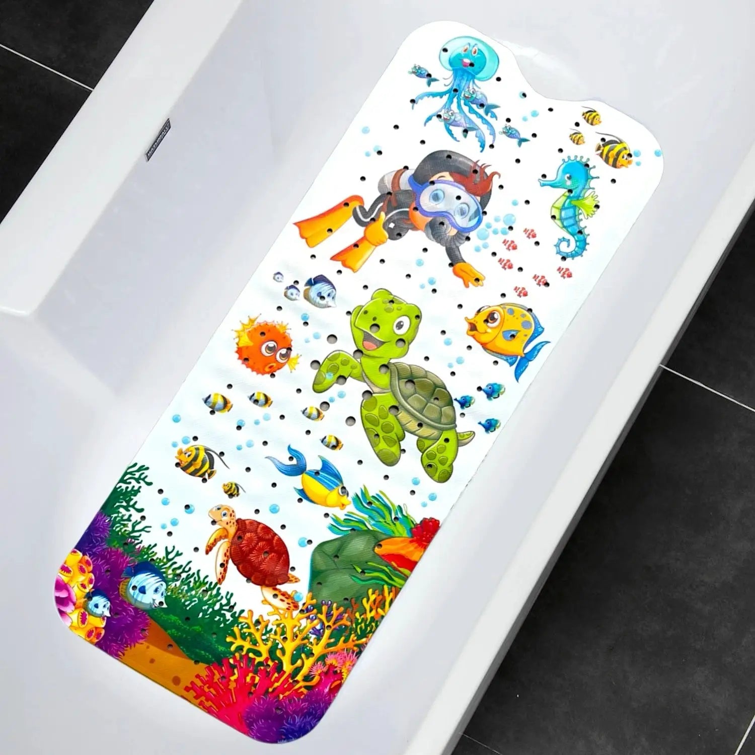 Bathtub mat by Simples Market, extra-long 40x100cm, non-slip with suction cups, colorful sea-life print.