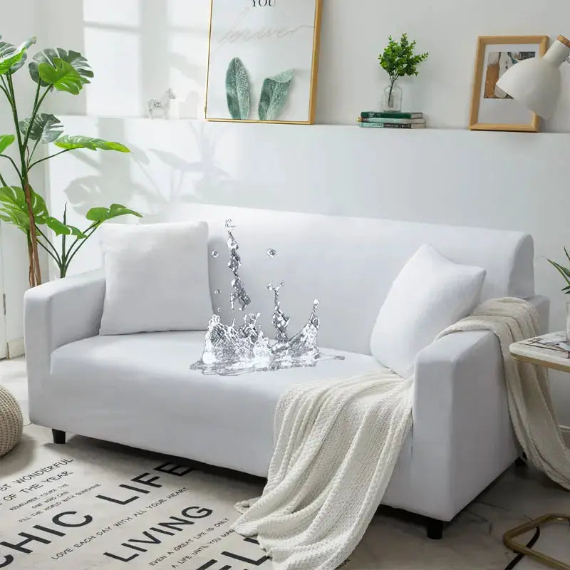 L-shaped sofa slip cover, white stretch fabric, waterproof protector.