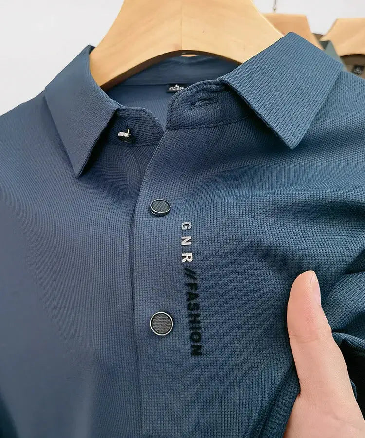 Men's navy polo shirt with textured knit, GNR FASHION logo on placket, short sleeves