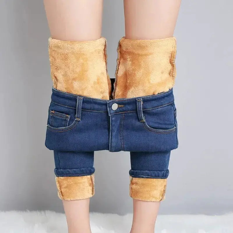 Women Thermal Skinny Jeans With Plush Lining Warm Winter Denim Pants