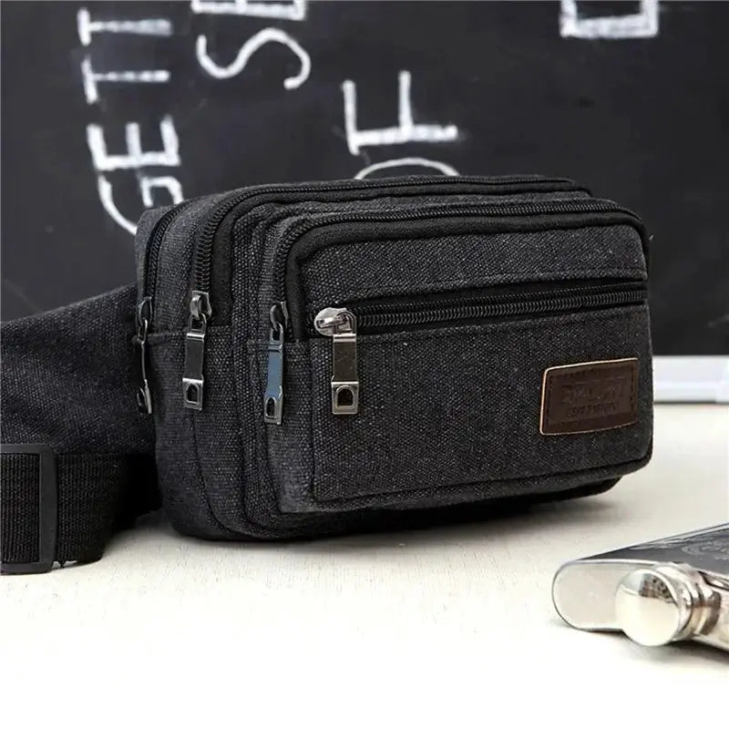 Canvas waist bag by Simples Market, black multi-pocket pouch with metal zippers and adjustable strap