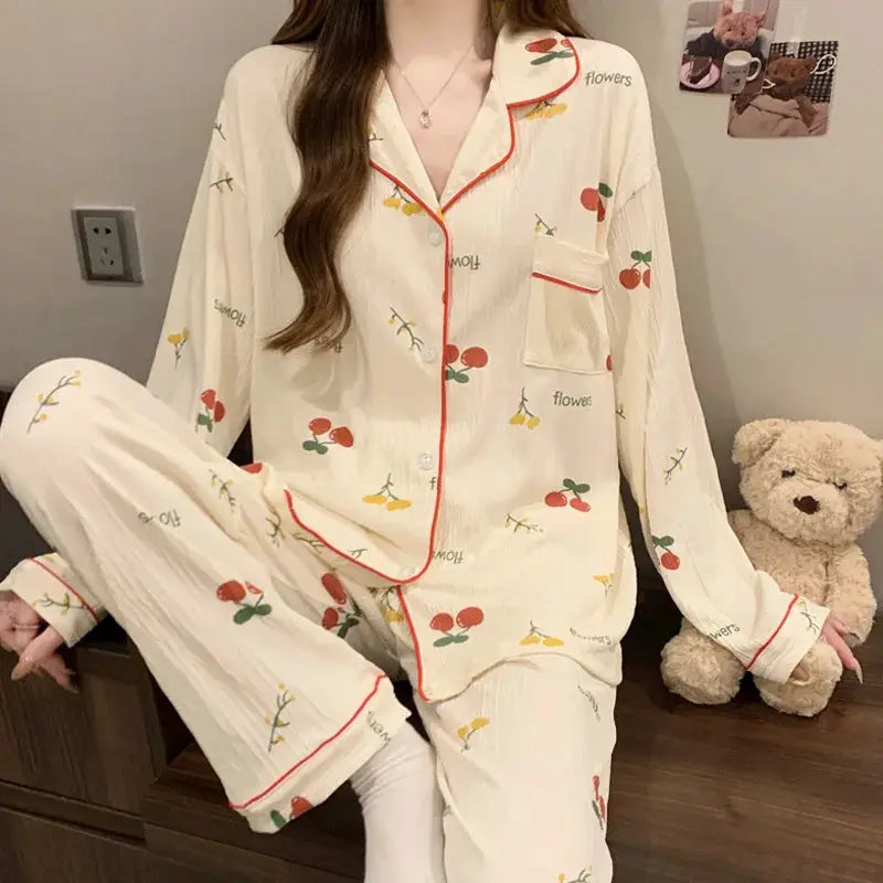 CozyNest Spring And Autumn Women Pajamas Loungewear Set Cardigan Breathable Crinkled Polyester With Love Heart Print