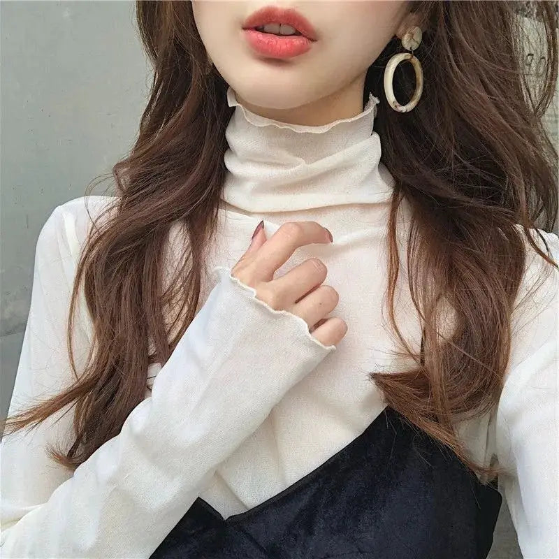 Sexy women mesh blouse with long sleeves, white turtleneck underlayer over a black slip top, Simples Market