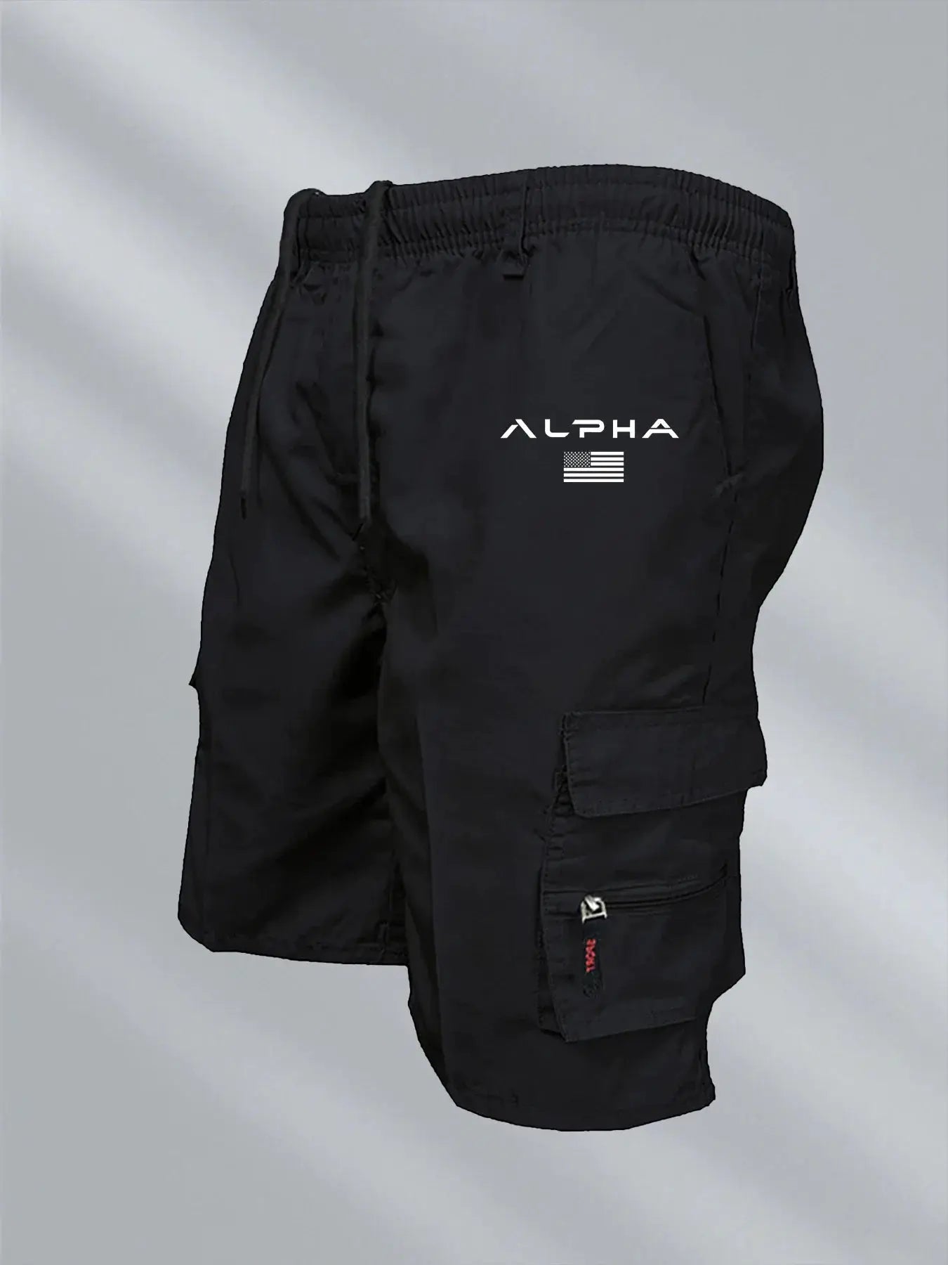 Men's black cargo shorts with ALPHA logo and pockets