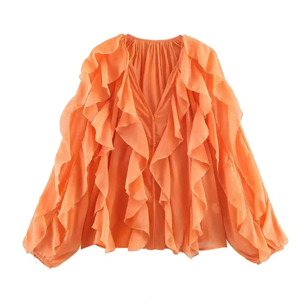 Women's orange ruffled blouse with cascading layers and V-neck, loose fit with long puff sleeves