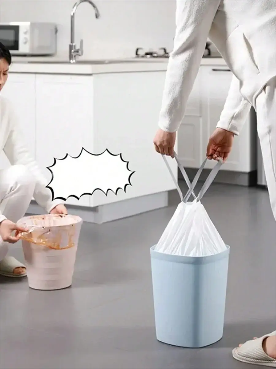 Trash bags by Simples Market, 15pc thick tear-off drawstring liners in a blue trash can with white liner