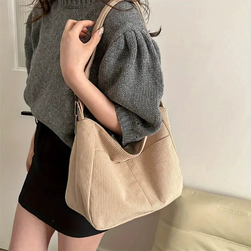 LuxeCarry Corduroy Shoulder Bag Striped Tote With Zipper Closure And Cute Hat Patch For Everyday Use