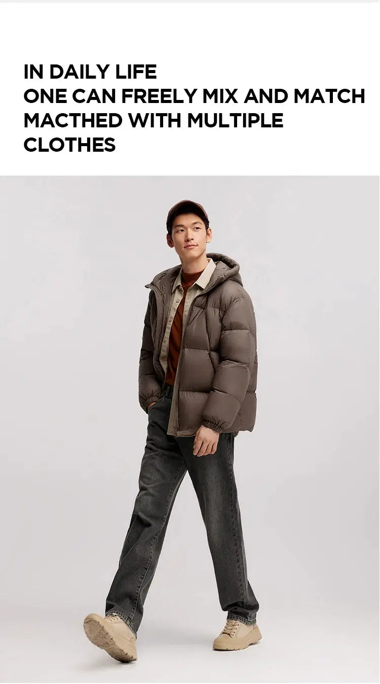Semir men's down jacket, taupe hooded puffer outerwear with solid color finish.