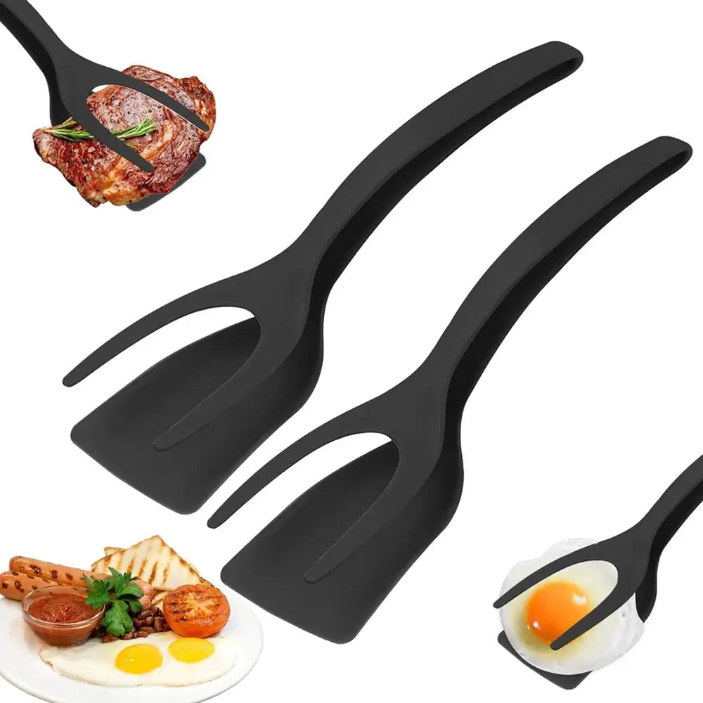 2 In 1 Grip Flip Spatula Tongs Egg Flipper Nylon Nonstick Coating For Pancakes Fish French Toast Omelets