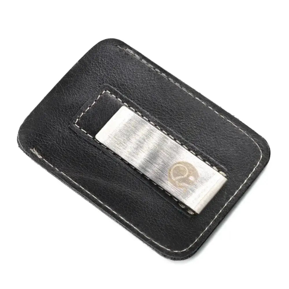 Men's black leather money clip wallet with silver metal cash clamp