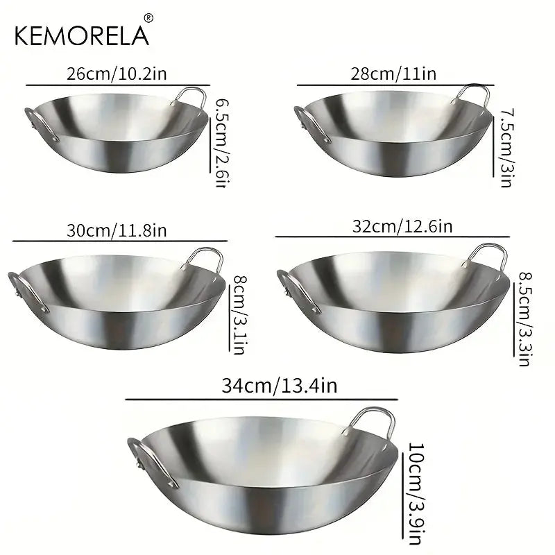 Stainless Steel Wok Uncoated With Double Handles 26 To 34 Cm High Quality Chef Pan For Home Stir Fry Cooking