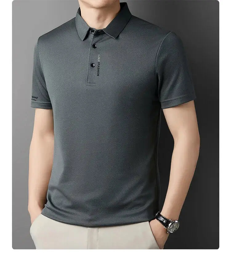 Polo shirt for men, dark gray short-sleeve with collar and button placket