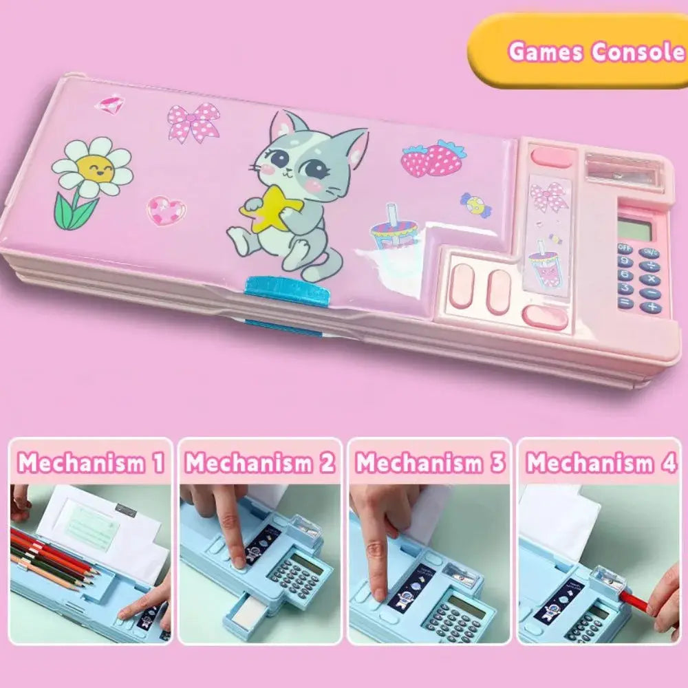Simples Market pink plastic pencil case with built-in calculator and pencil sharpener, cat and flowers design.