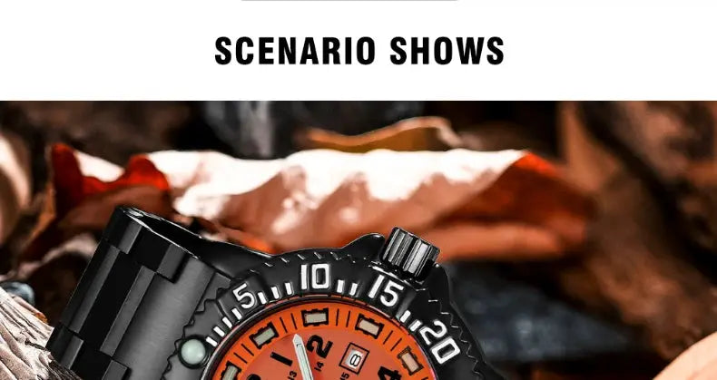 Men's military-style outdoor watch with orange dial, luminous markers, nylon/steel strap, waterproof.