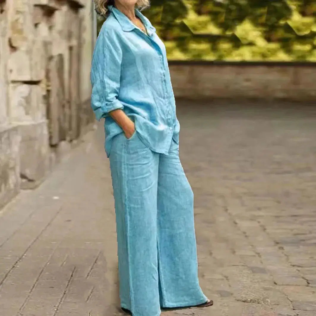 Cotton Linen Shirt Two Piece Set For Women With Wide Leg Trousers