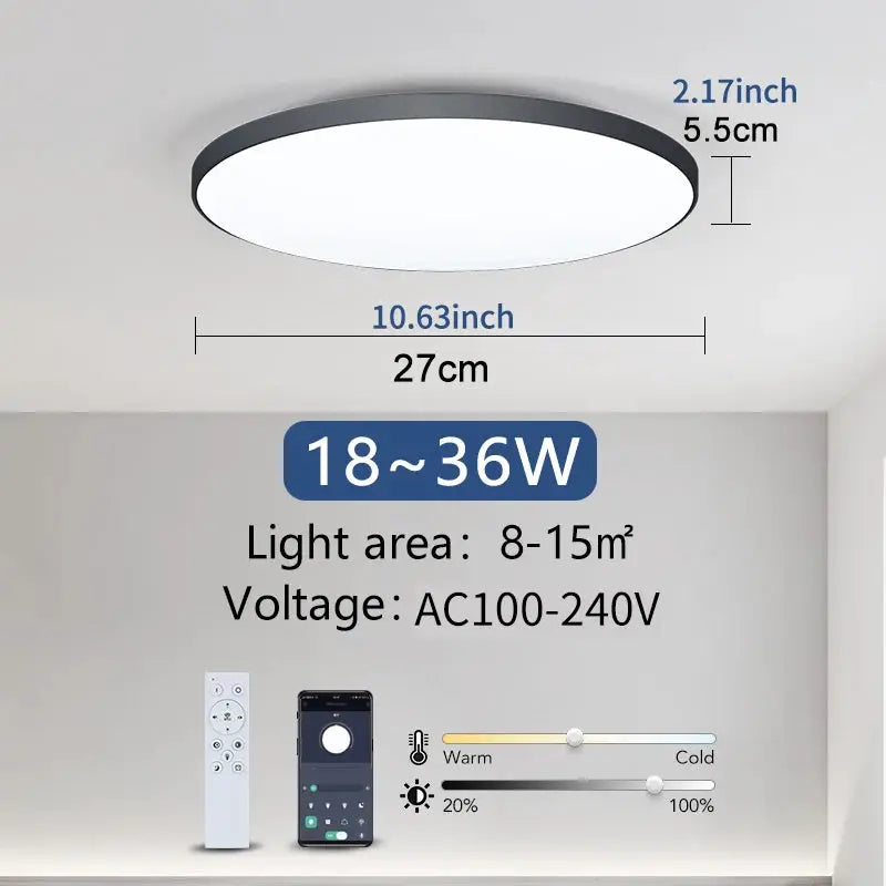 MARPOU smart ceiling lamp by Simples Market, round white diffuser with black rim, remote dimmable LED 18–36W