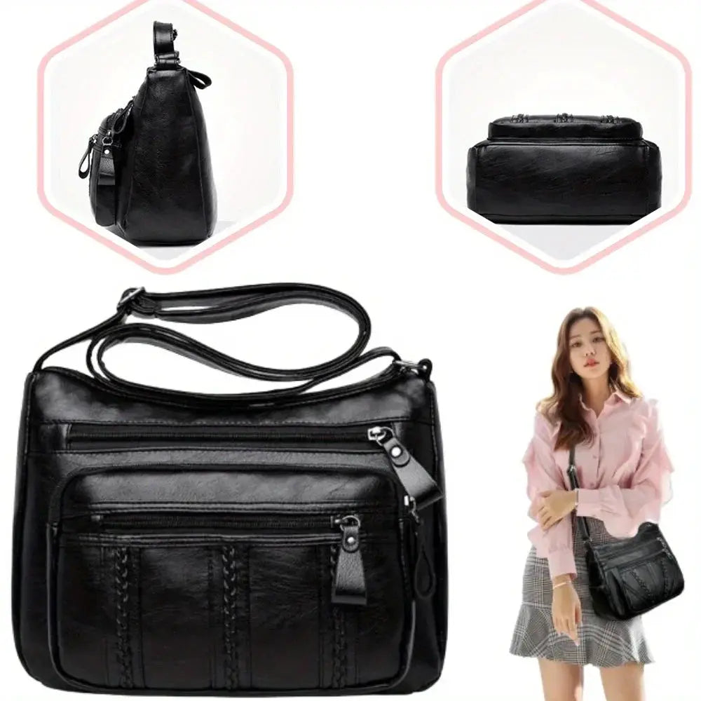 Simples Market black leather crossbody bag with multi-layer compartments, large capacity