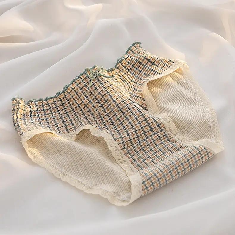 M-XL women's cotton underwear, beige-blue checkered mid-waist briefs with lace trim