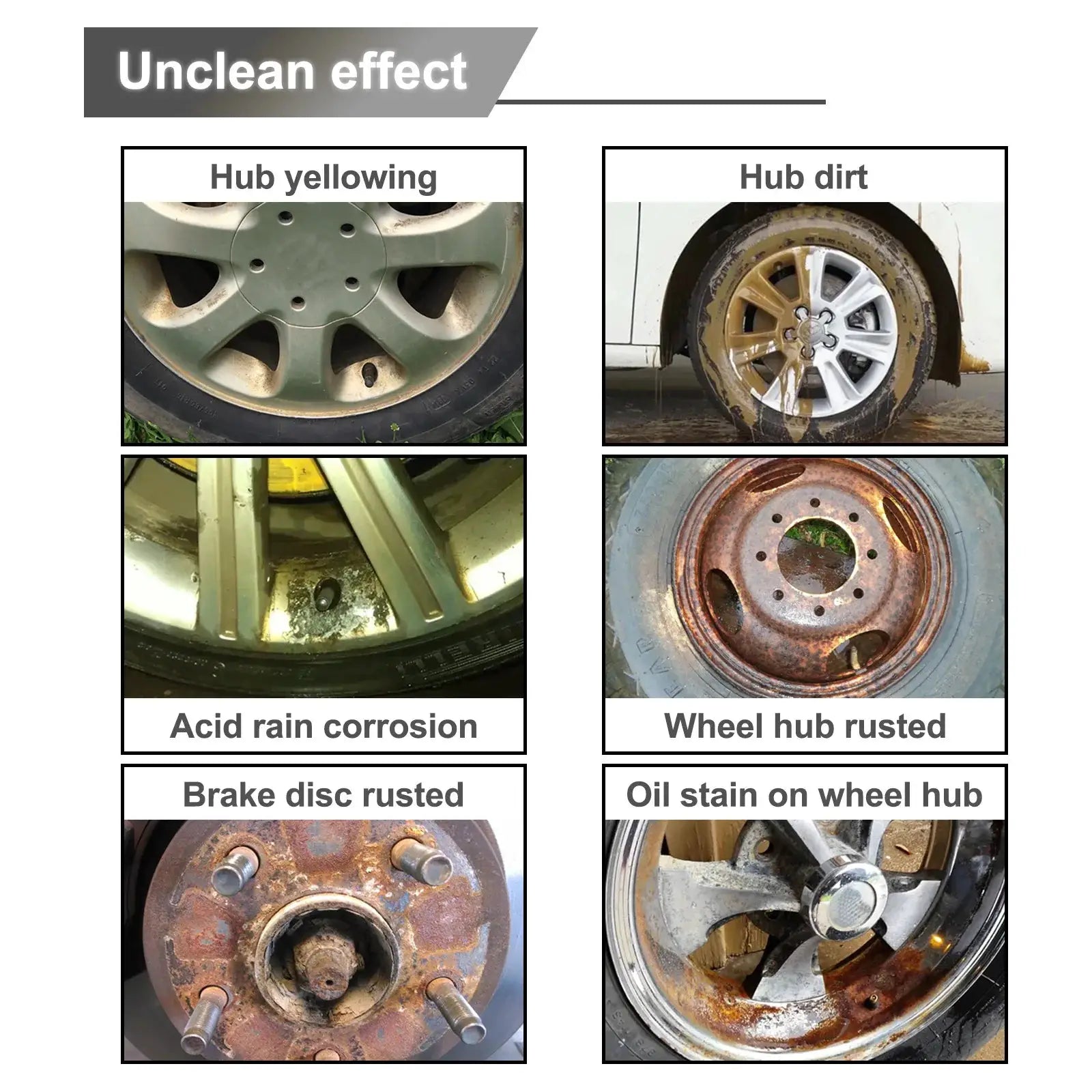 Universal rust remover spray for car wheels by Simples Market; yellowing hubs, rusted rims, and dirty brake discs