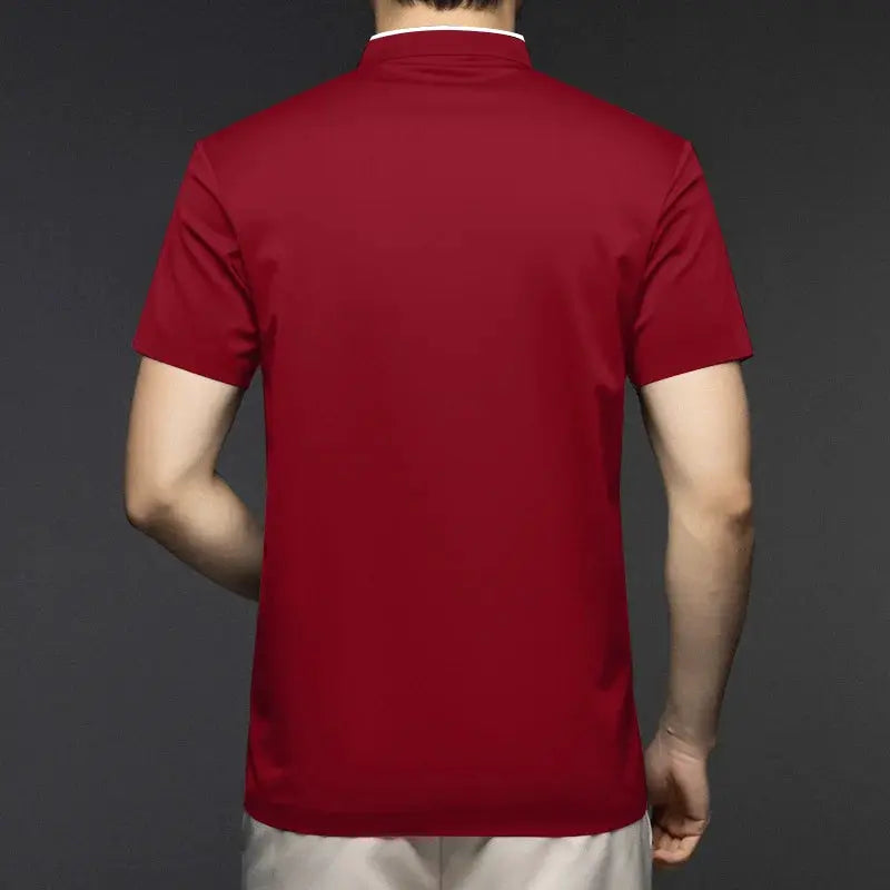 Men's red polo shirt with short sleeves and stand-up collar, back view