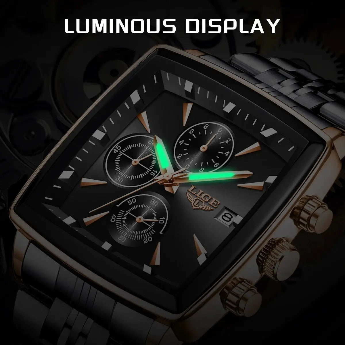 LIGE men's square-dial gold-tone stainless steel watch with luminous hands, chronograph subdials, date window