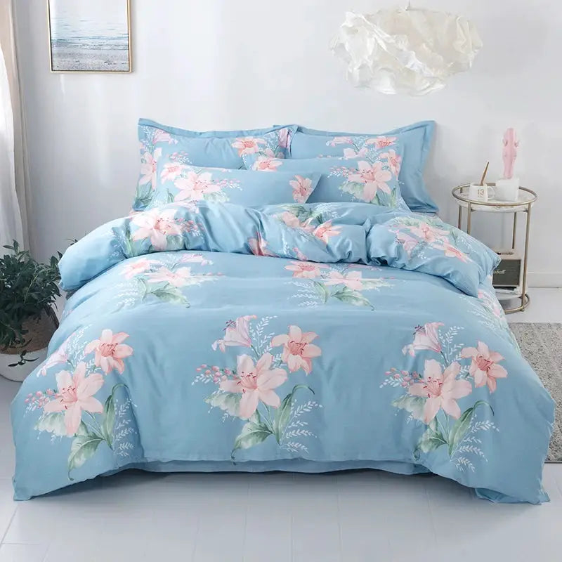 Simples Market 3pc cotton duvet cover set in blue with pink floral print; includes duvet cover and two pillowcases