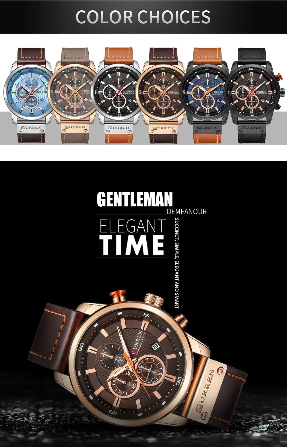 CURREN 8291 men's quartz chronograph watch with leather strap, available in multiple color options