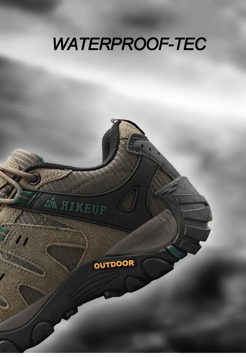 HIKEUP suede leather hiking shoe for outdoor trekking with rugged outsole and olive-green/black upper