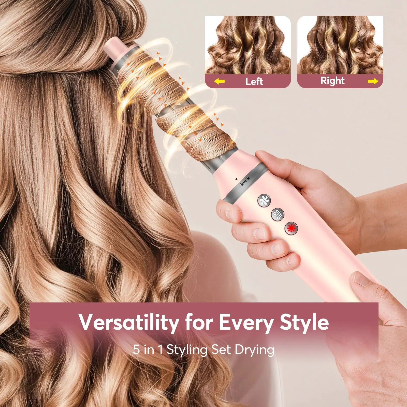 Simples Market pink 5-in-1 hair styling tool with rotating barrel and brush attachments (Left/Right curl previews)