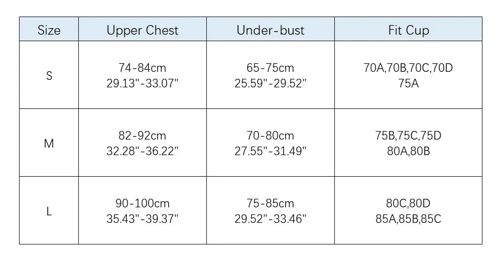 Lace bra size chart showing 3 sizes S, M, L with upper chest, under-bust, and cup fit measurements.