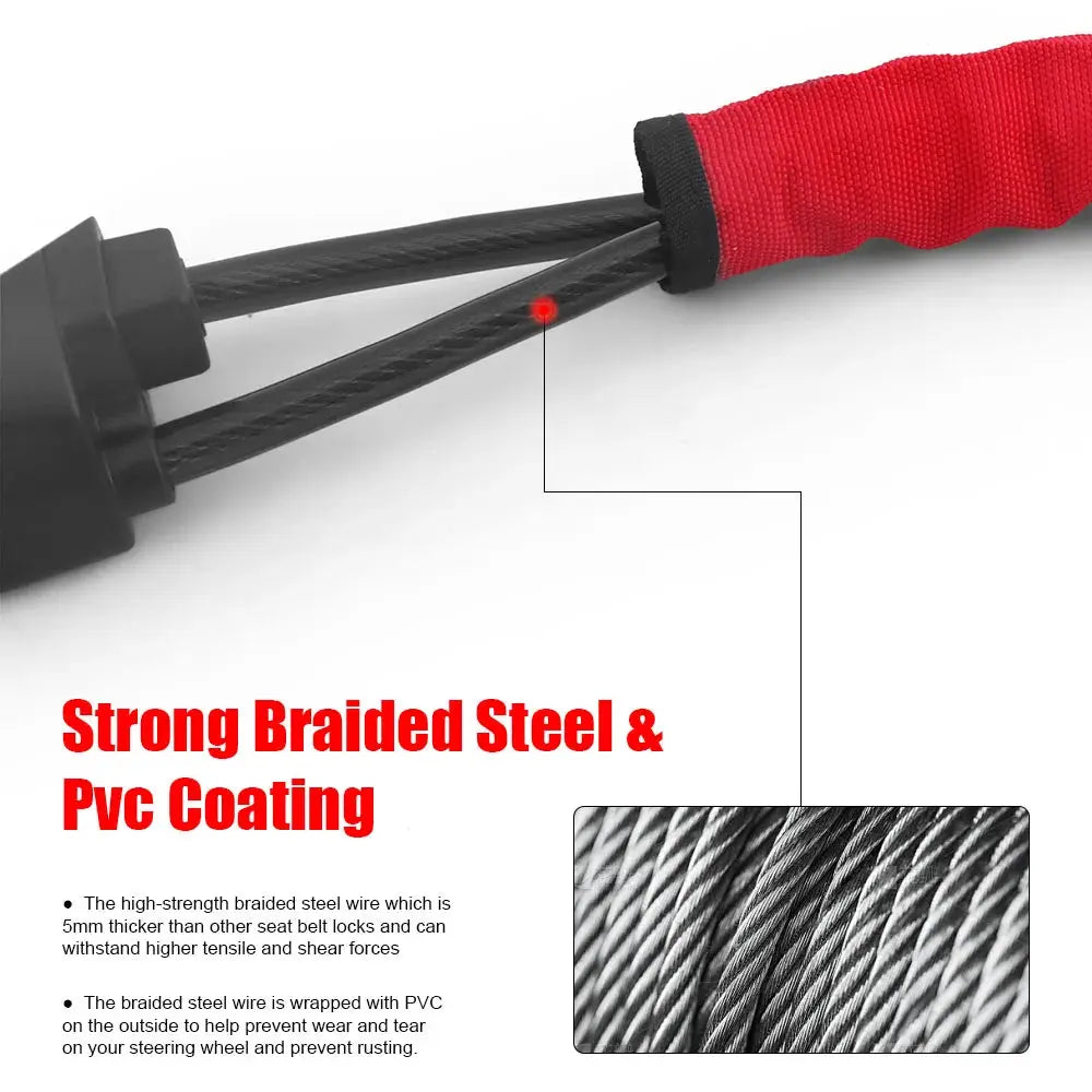 Steering wheel lock with braided steel cable and red PVC grip by Simples Market