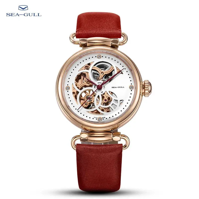 Sea-Gull women's skeleton watch with red leather strap and rose-gold-tone case