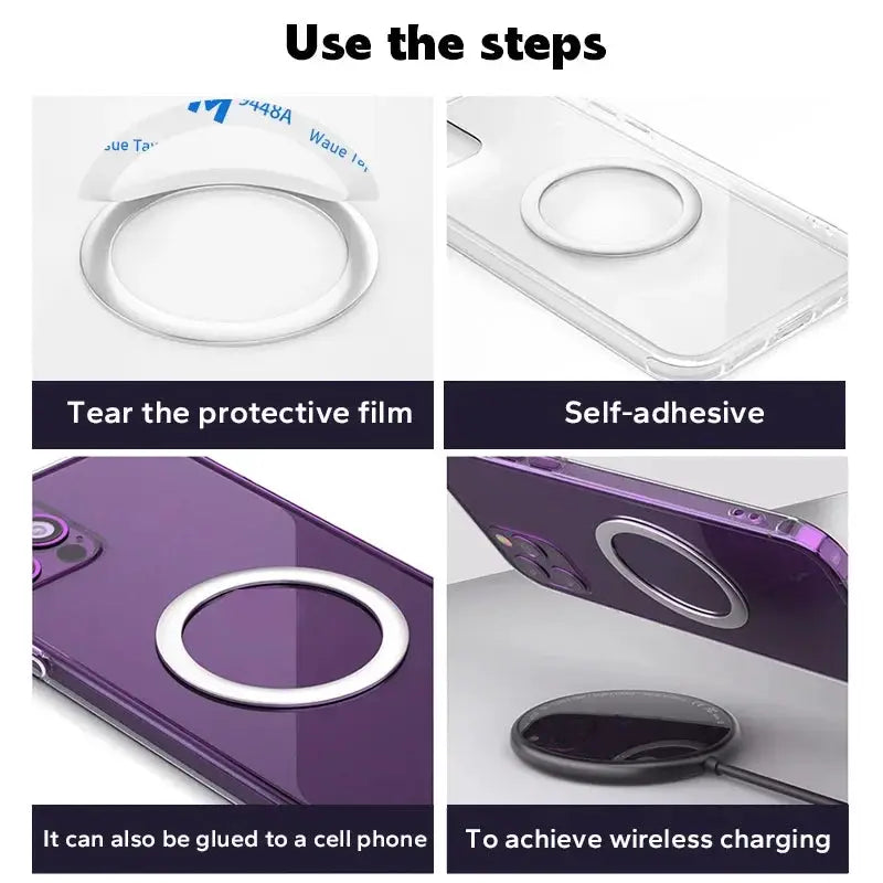Universal silver magnetic metal ring plate for MagSafe wireless charging, self-adhesive round sticker
