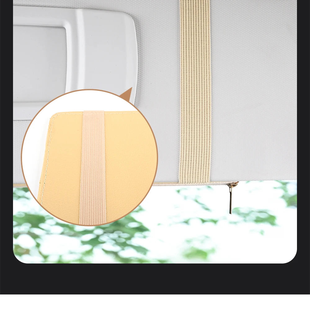 JFBONIN car sun visor organizer with beige elastic strap and sunglasses clip.