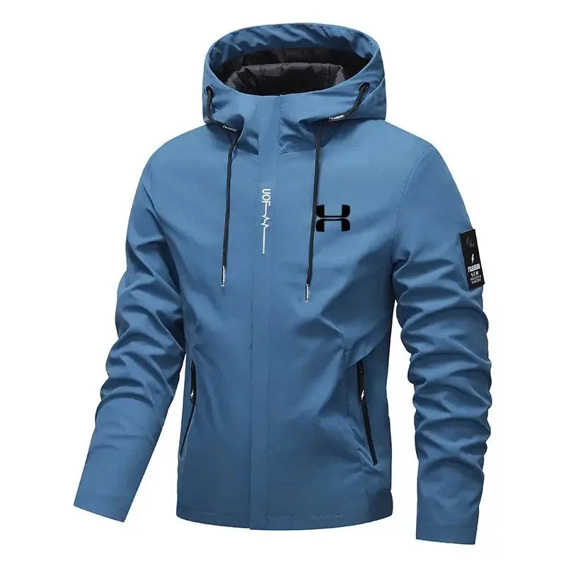 Men's blue hooded windbreaker jacket by Simples Market with zip pockets and black logo