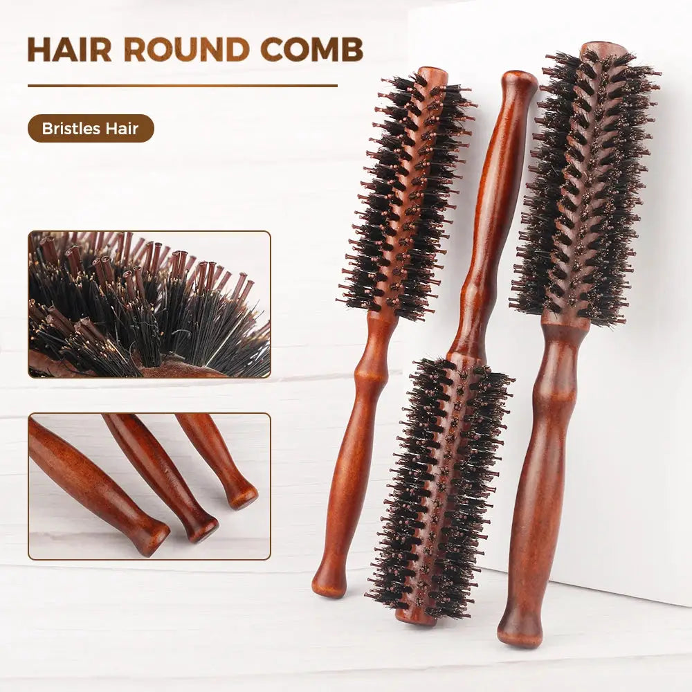 Wooden-handle round hairbrush set of 4 with boar bristles, brown barrels.