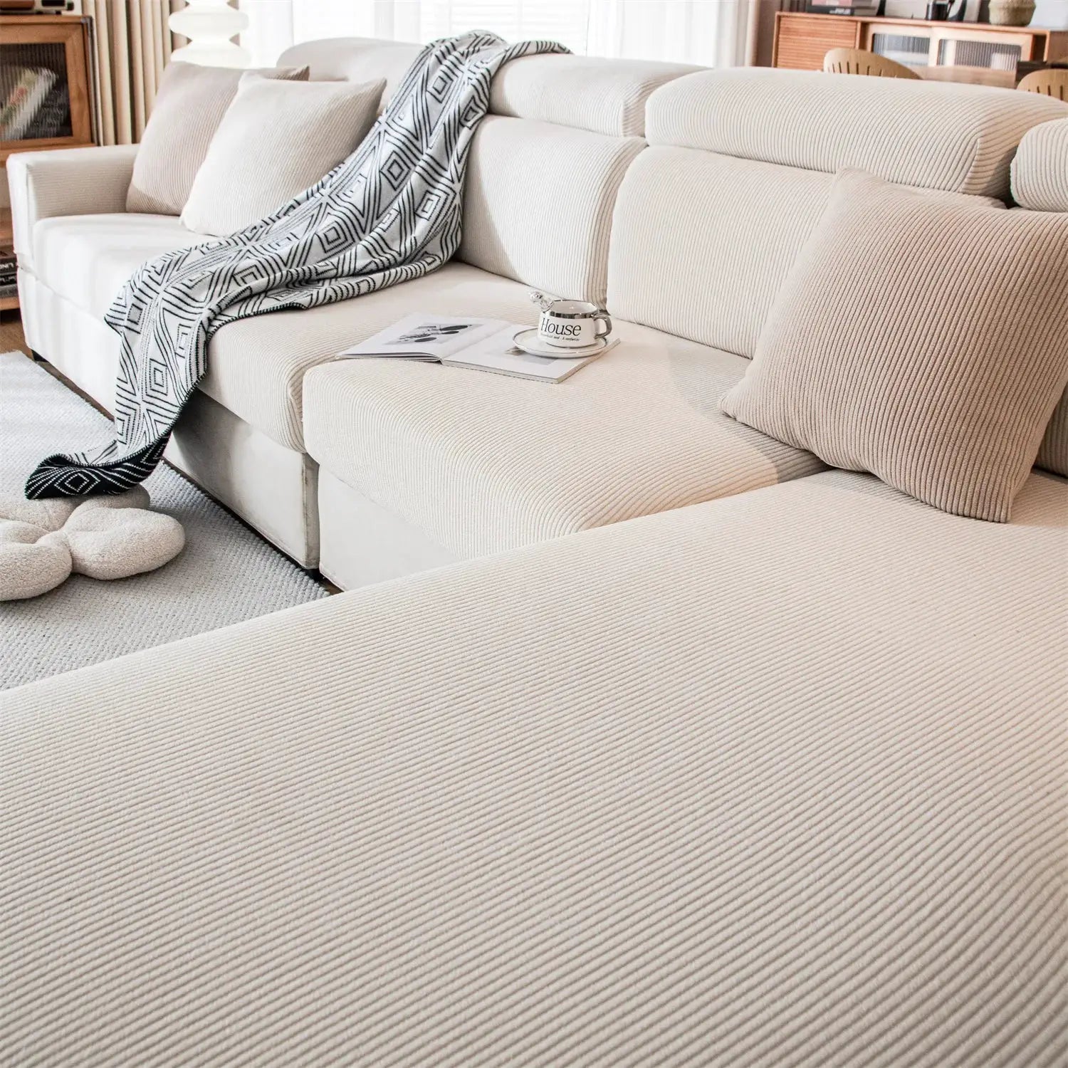 Sofa seat cushion cover beige thick stripe jacquard, removable and washable by Simples Market