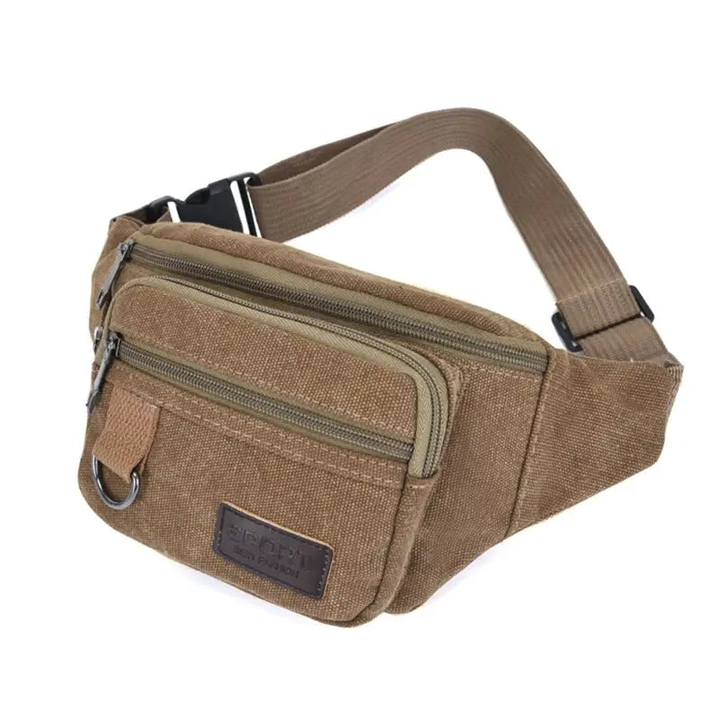 Simples Market chest bag canvas waist bag in tan with multiple zip pockets and adjustable strap.