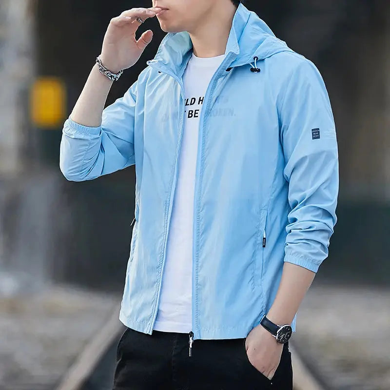 Men's light blue windbreaker jacket by Simples Market, lightweight UV protection outerwear.