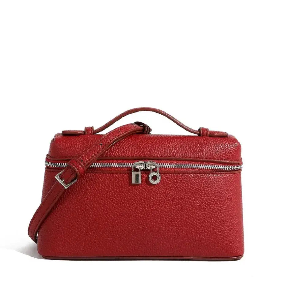 Red lychee-grain mini lunch-box shoulder bag with top handle and adjustable crossbody strap