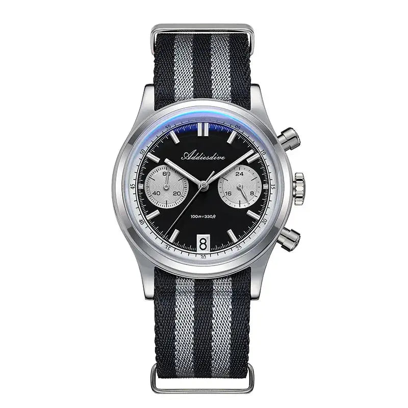 Watch: Addiesdive stainless steel chronograph with black dial, two subdials, date window, striped NATO strap