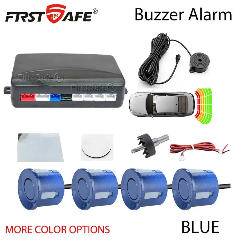 FirstSafe 4-sensor car parking sensor kit with blue ultrasonic sensors, control unit, buzzer and wiring (12V)