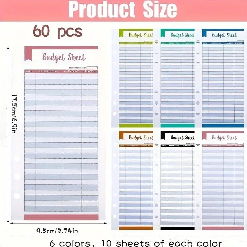Simples Market A6 Budget Sheets, 60 pcs, glossy finish for 6-ring binders; assorted color expense tracker sheets