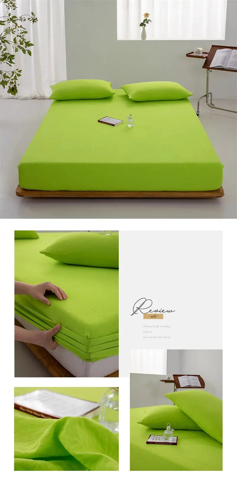 Soft cotton fitted sheet with elastic edges in lime green on a bed, part of a bed linens set
