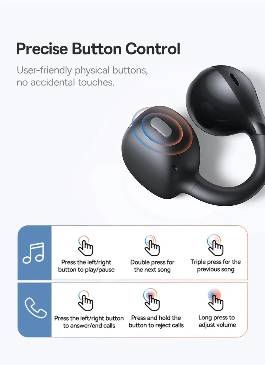 Baseus BC1 ear clip open-ear wireless earbuds, black with blue/orange ring accents, Bluetooth 6.0