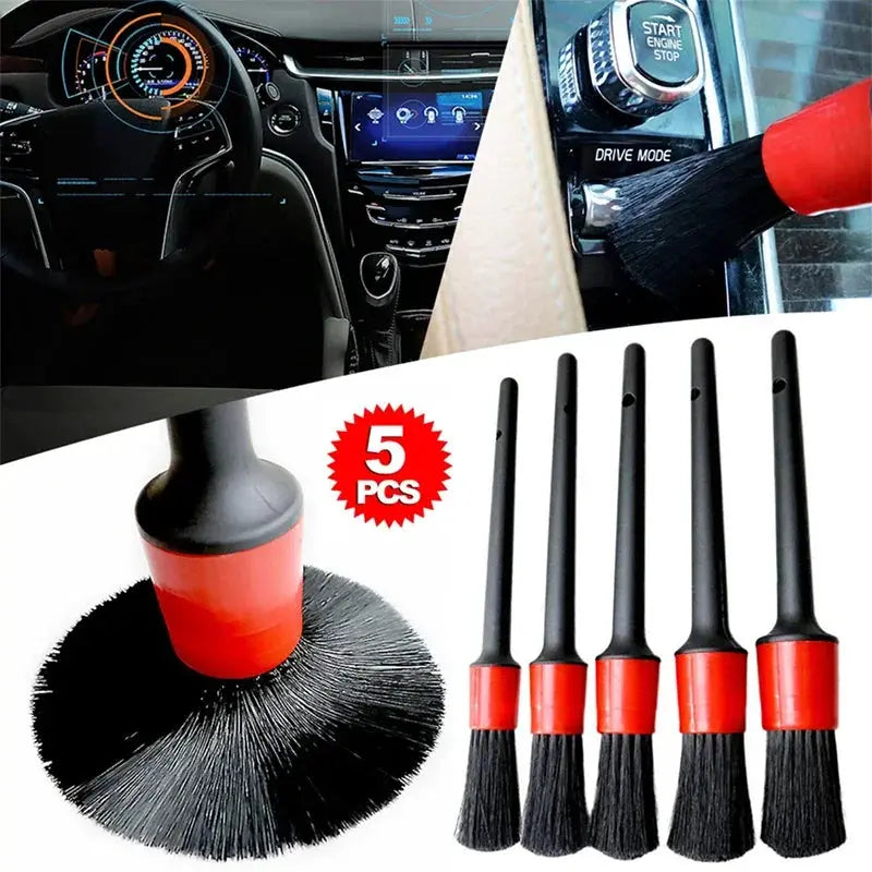 5-piece car detailing brush set with black bristles and red ferrules for interior cleaning